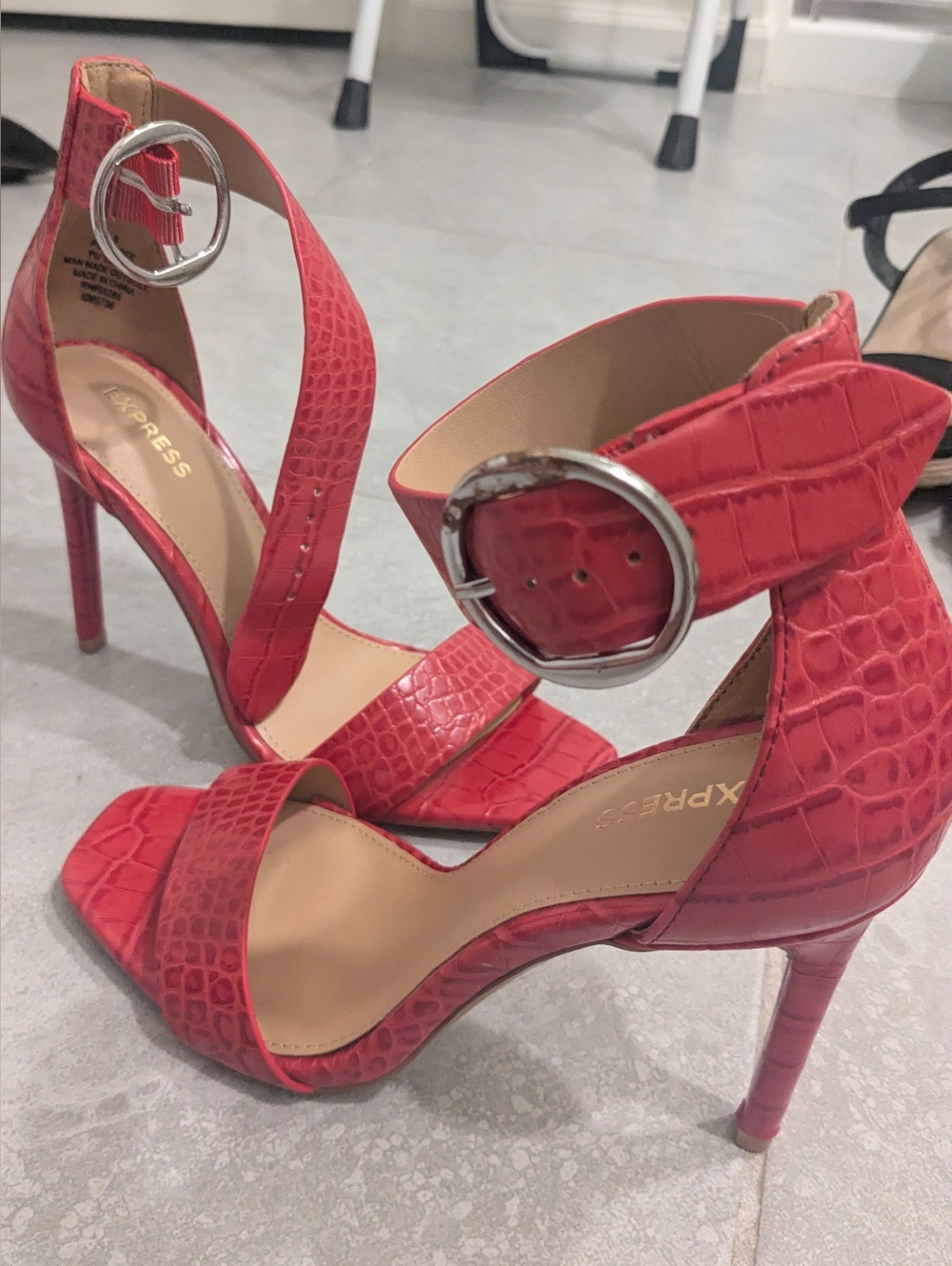 Express Red Croc-Embossed Ankle Strap Stiletto Heels